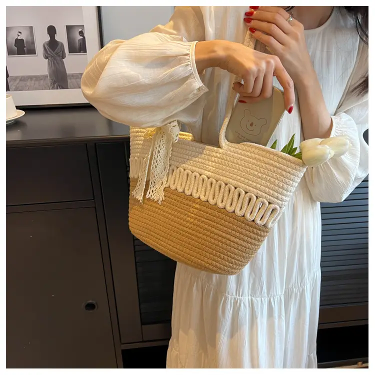 Woven Beach Bag with Lace Handle, 2024 Fashionable Tote — feature 11