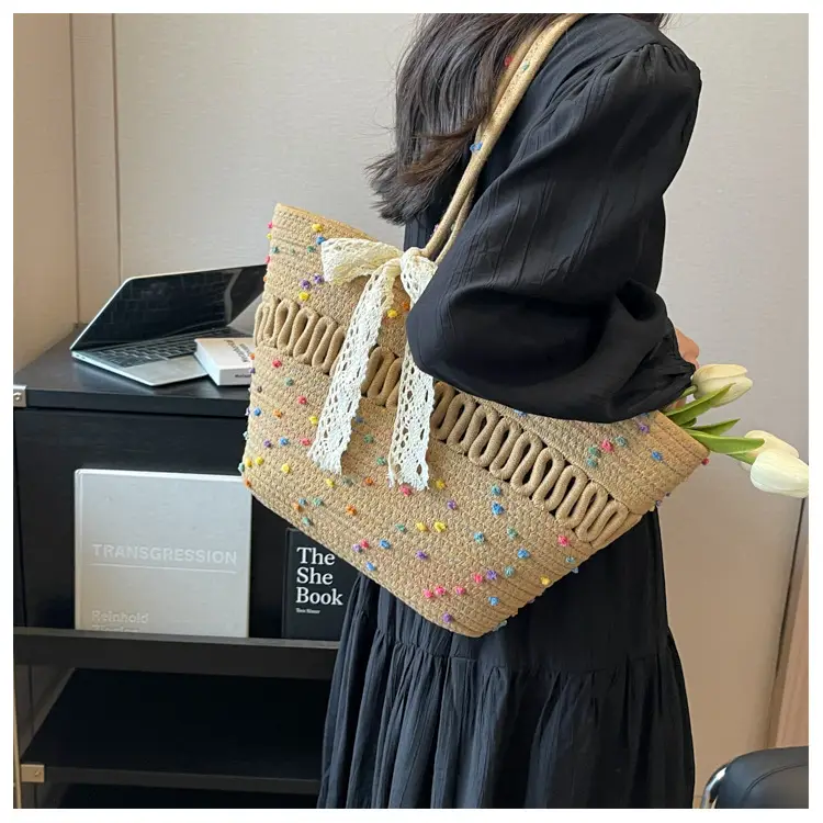 Woven Beach Bag with Lace Handle, 2024 Fashionable Tote — feature 12