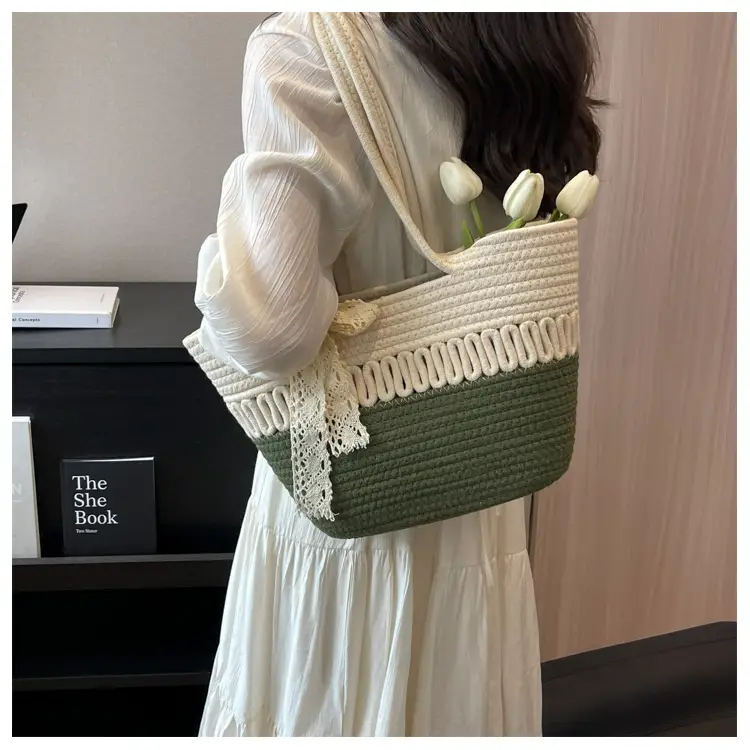 Woven Beach Bag with Lace Handle, 2024 Fashionable Tote — feature 13