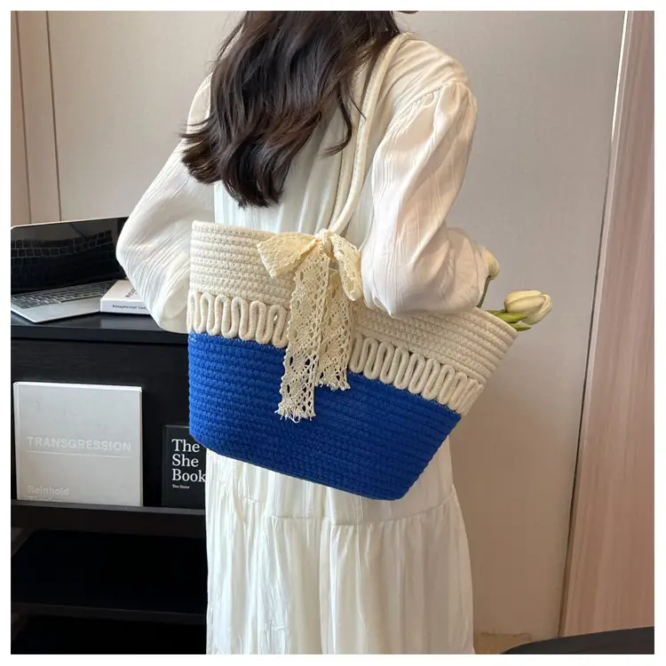 Woven Beach Bag with Lace Handle, 2024 Fashionable Tote — feature 14
