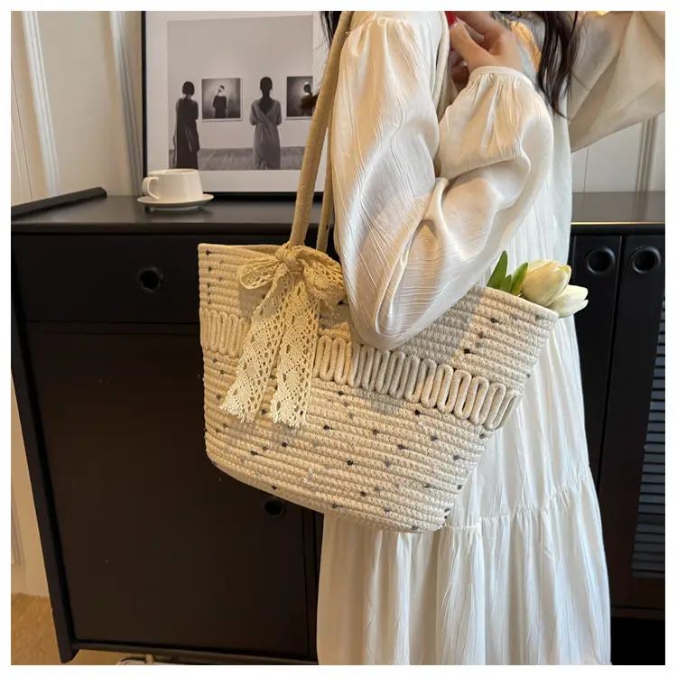 Woven Beach Bag with Lace Handle, 2024 Fashionable Tote — feature 23