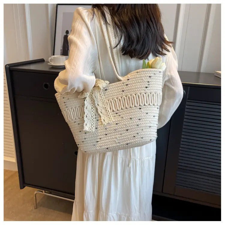 Woven Beach Bag with Lace Handle, 2024 Fashionable Tote — feature 25