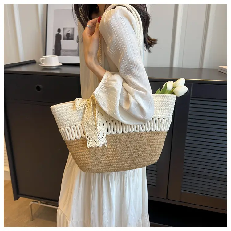 Woven Beach Bag with Lace Handle, 2024 Fashionable Tote — feature 26