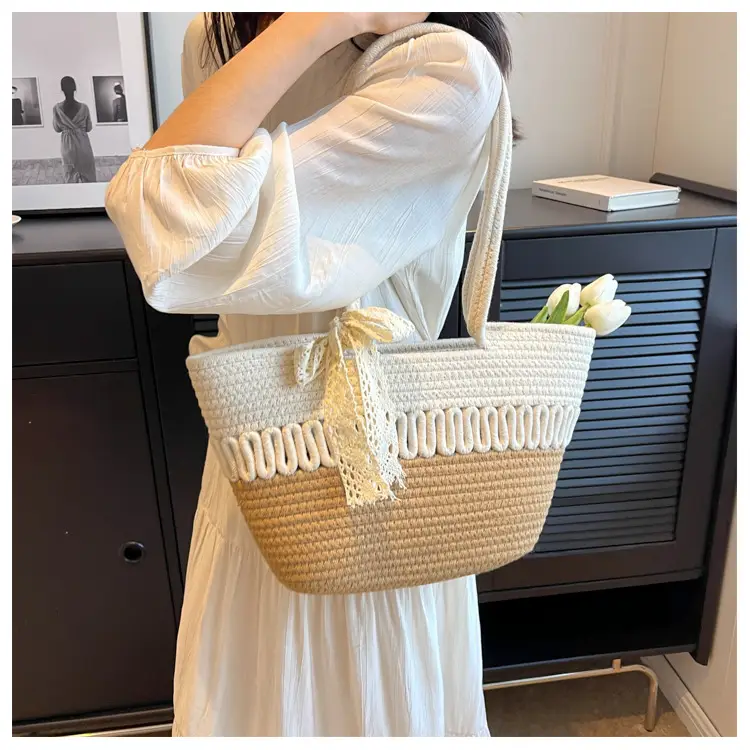 Woven Beach Bag with Lace Handle, 2024 Fashionable Tote — feature 27