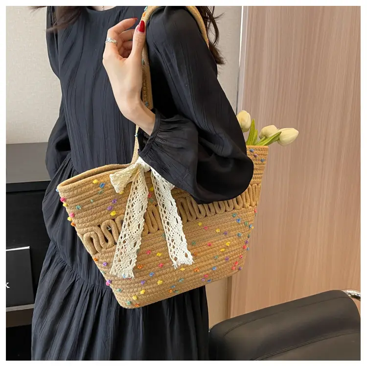 Woven Beach Bag with Lace Handle, 2024 Fashionable Tote — feature 28