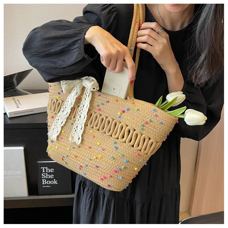 Woven Beach Bag with Lace Handle, 2024 Fashionable Tote — feature 29