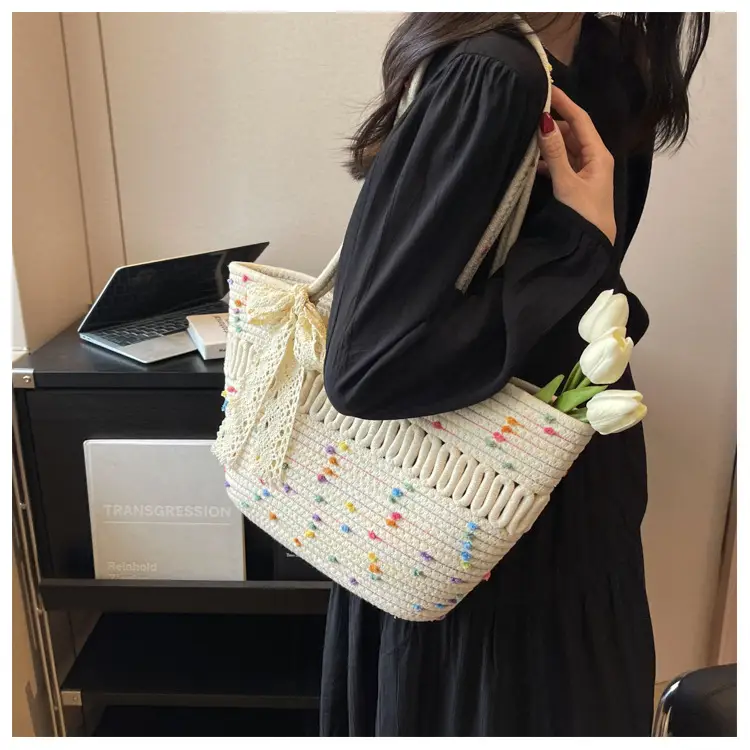 Woven Beach Bag with Lace Handle, 2024 Fashionable Tote — feature 30