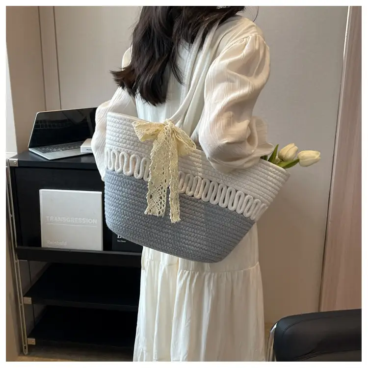 Woven Beach Bag with Lace Handle, 2024 Fashionable Tote — feature 32