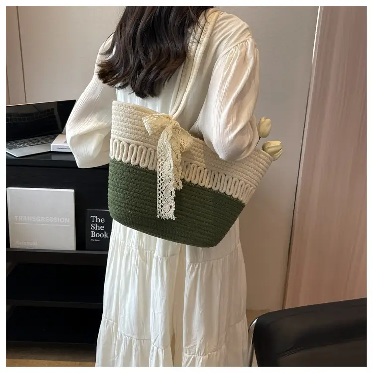 Woven Beach Bag with Lace Handle, 2024 Fashionable Tote — feature 33