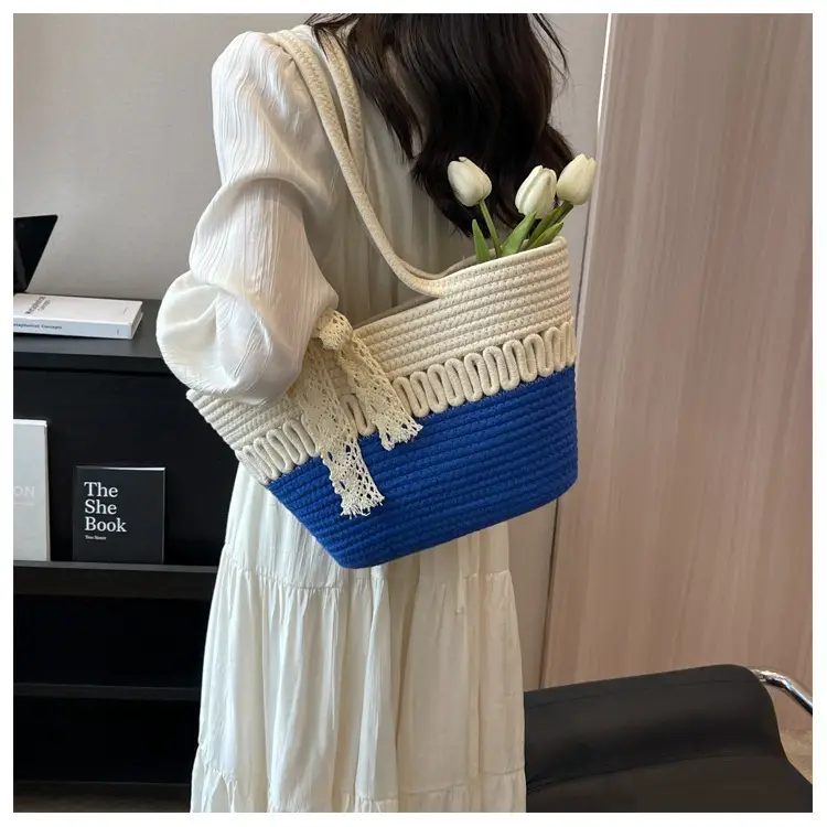 Woven Beach Bag with Lace Handle, 2024 Fashionable Tote — feature 34