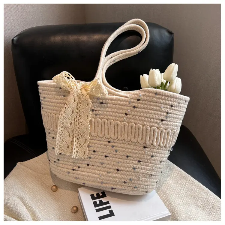 Woven Beach Bag with Lace Handle, 2024 Fashionable Tote — feature 35