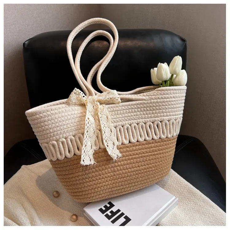 Woven Beach Bag with Lace Handle, 2024 Fashionable Tote — feature 37
