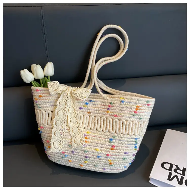 Woven Beach Bag with Lace Handle, 2024 Fashionable Tote — feature 38