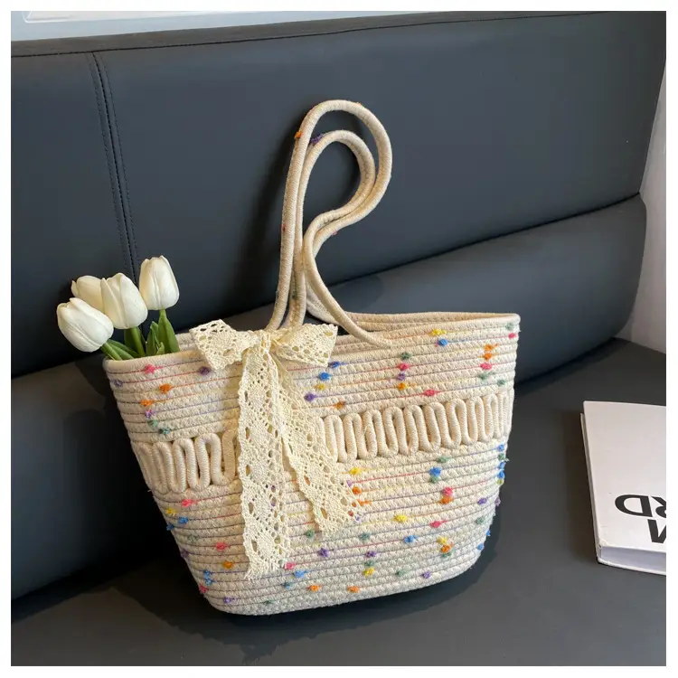 Woven Beach Bag with Lace Handle, 2024 Fashionable Tote — feature 39