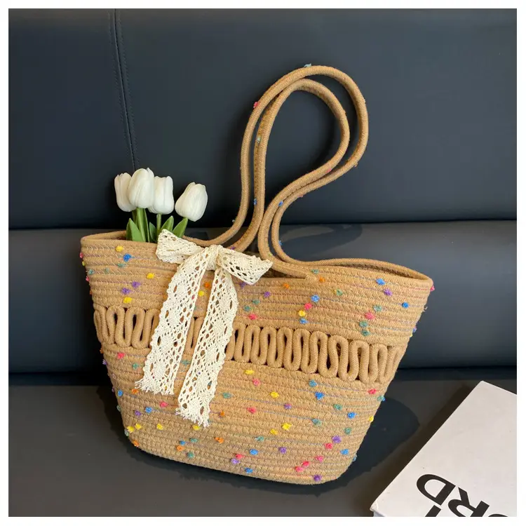Woven Beach Bag with Lace Handle, 2024 Fashionable Tote — feature 40
