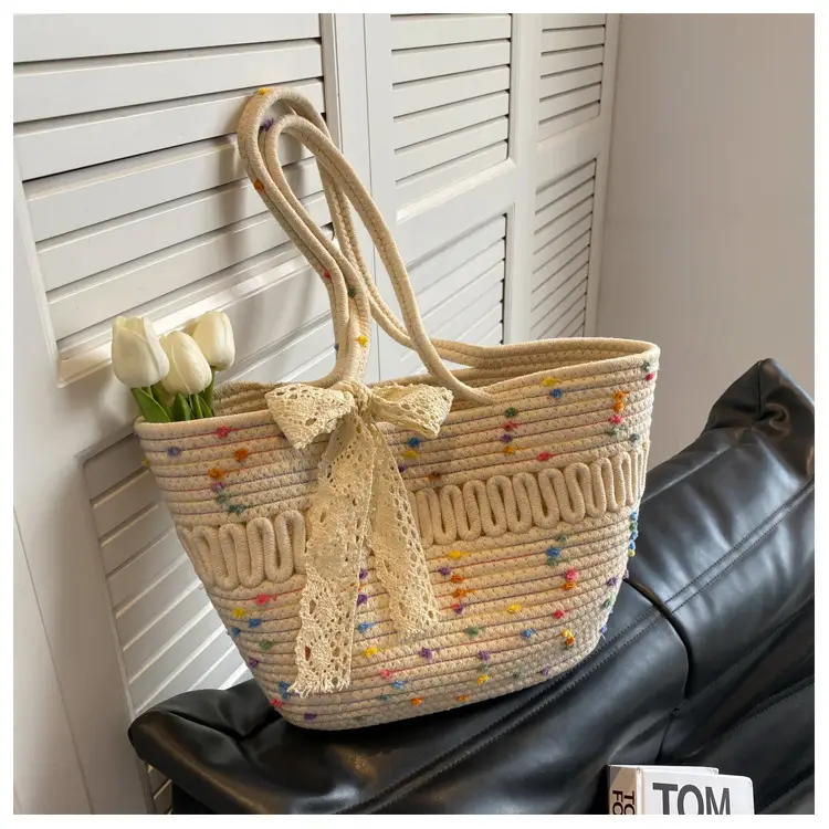 Woven Beach Bag with Lace Handle, 2024 Fashionable Tote — feature 42