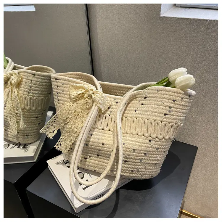 Woven Beach Bag with Lace Handle, 2024 Fashionable Tote — feature 43