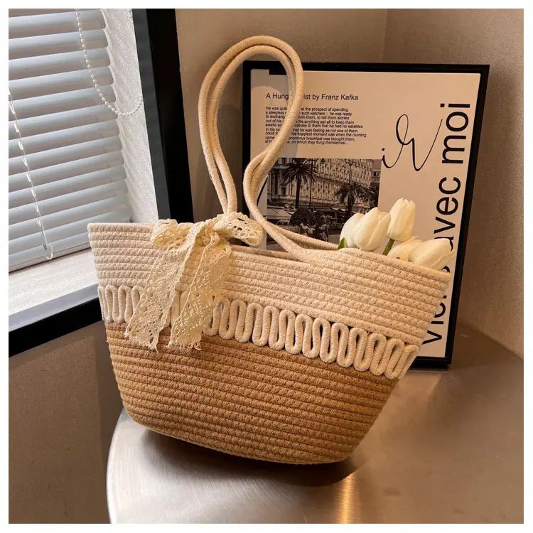 Woven Beach Bag with Lace Handle, 2024 Fashionable Tote — feature 44