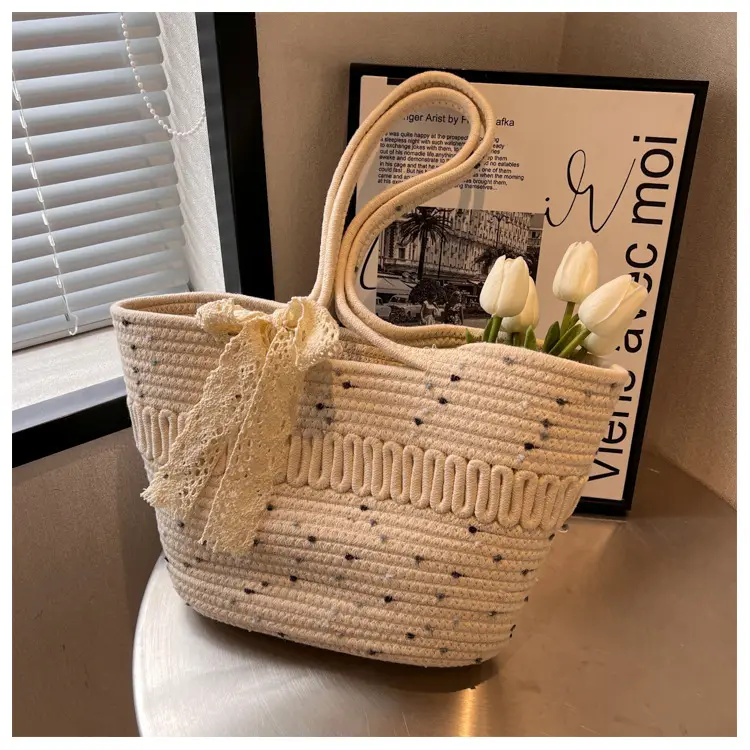 Woven Beach Bag with Lace Handle, 2024 Fashionable Tote — feature 45