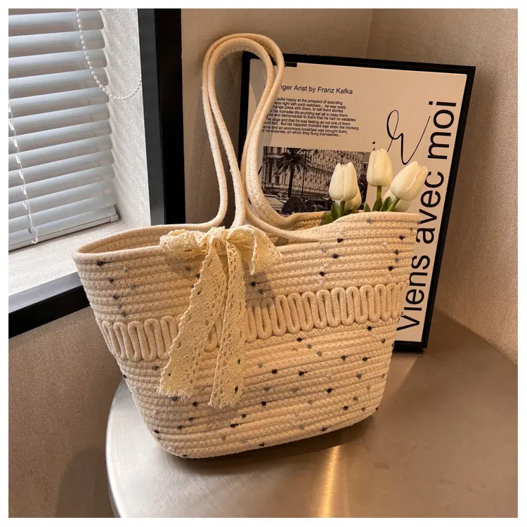 Woven Beach Bag with Lace Handle, 2024 Fashionable Tote — feature 46