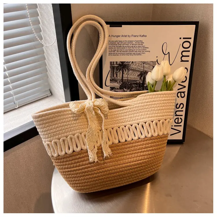 Woven Beach Bag with Lace Handle, 2024 Fashionable Tote — feature 47
