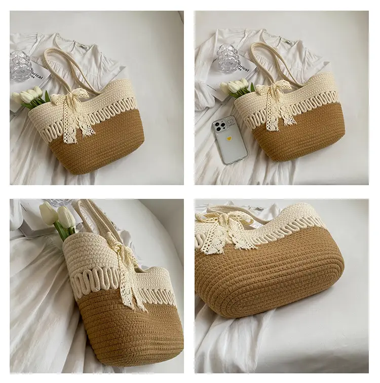Woven Beach Bag with Lace Handle, 2024 Fashionable Tote — feature 7