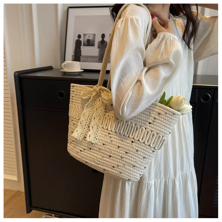 Woven Beach Bag with Lace Handle, 2024 Fashionable Tote — feature 8