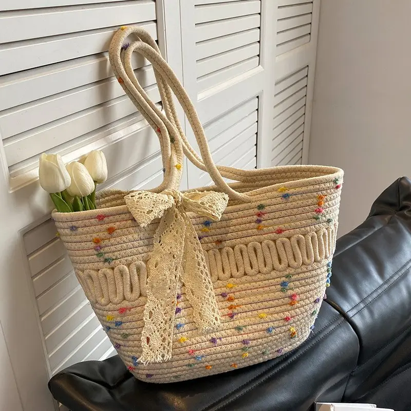 Woven Beach Bag with Lace Handle, 2024 Fashionable Tote - Image 3