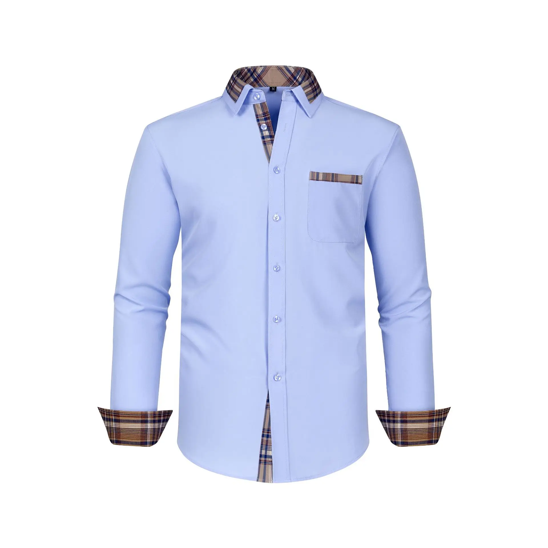 Plus Size Men's Light Blue Patchwork Collar Shirt