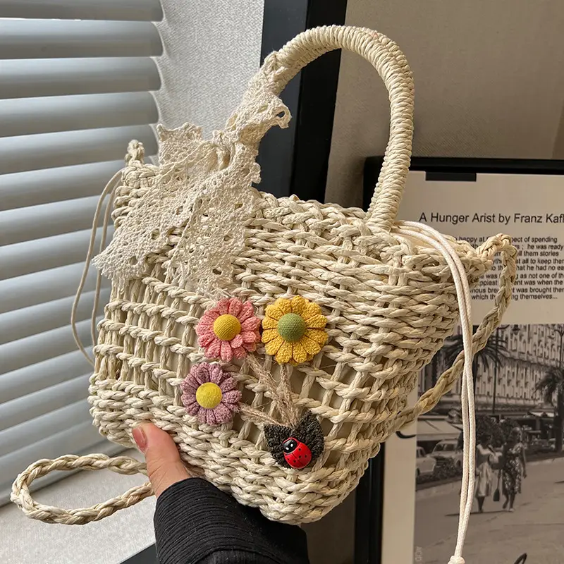 Women Straw Beach Bag with Bow Handle