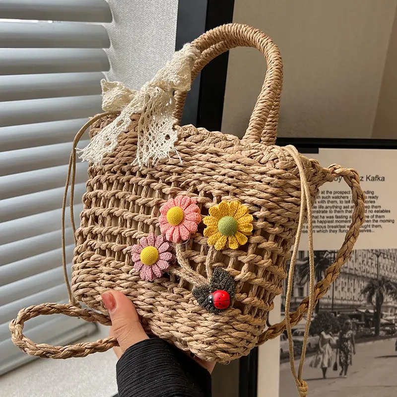 Women Straw Beach Bag with Bow Handle