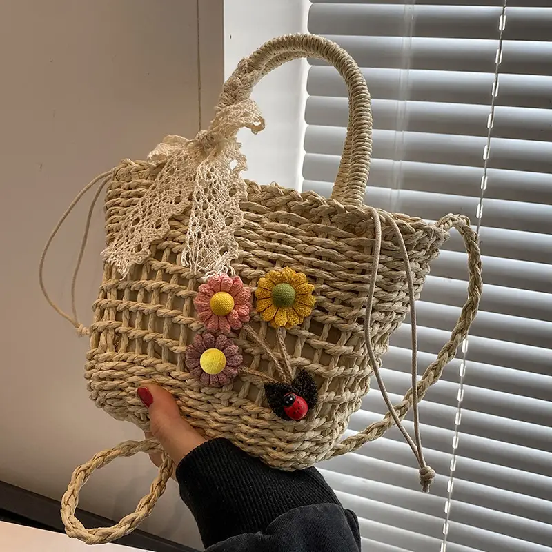 Women Straw Beach Bag with Bow Handle