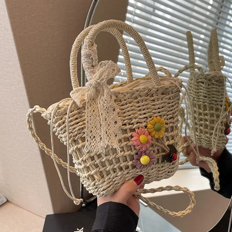 Women Straw Beach Bag with Bow Handle