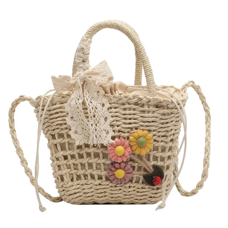 Women Straw Beach Bag with Bow Handle