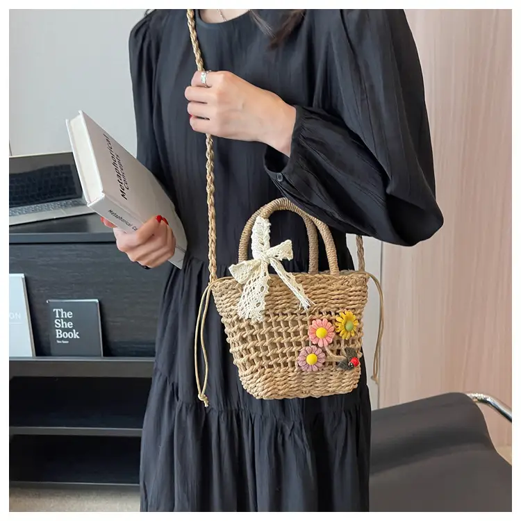 Women Straw Beach Bag with Bow Handle — feature 26