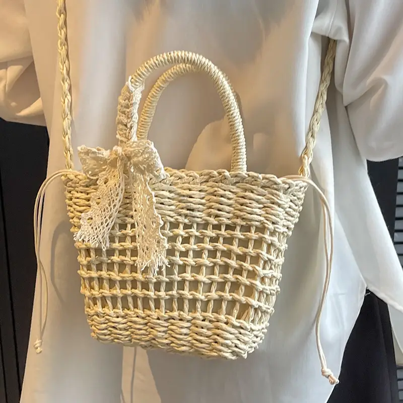 Women Straw Beach Bag with Bow Handle