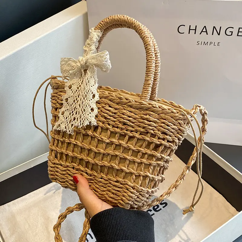 Women Straw Beach Bag with Bow Handle