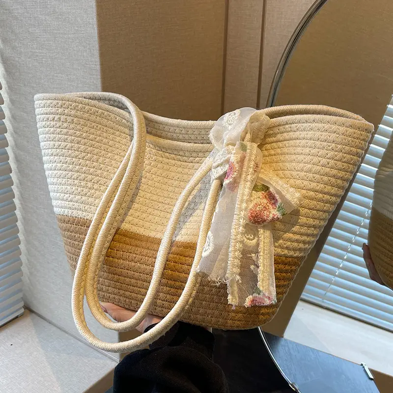 Women's Straw Bow Tote Bag Beige Brown - Image 3