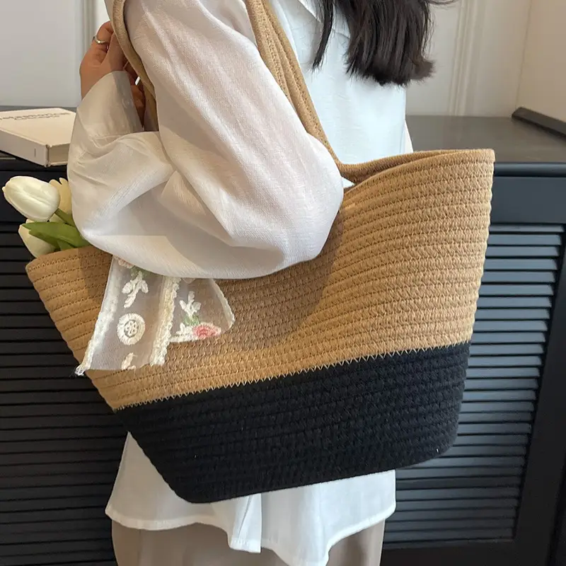 Women's Straw Bow Tote Bag Beige Brown - Image 4