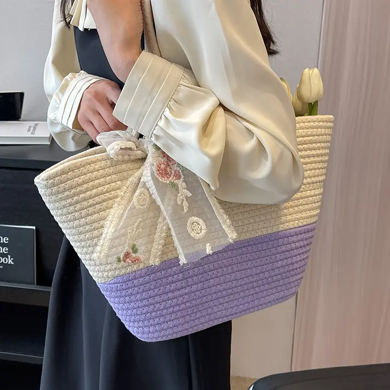 Women's Straw Bow Tote Bag Beige Brown - Image 6