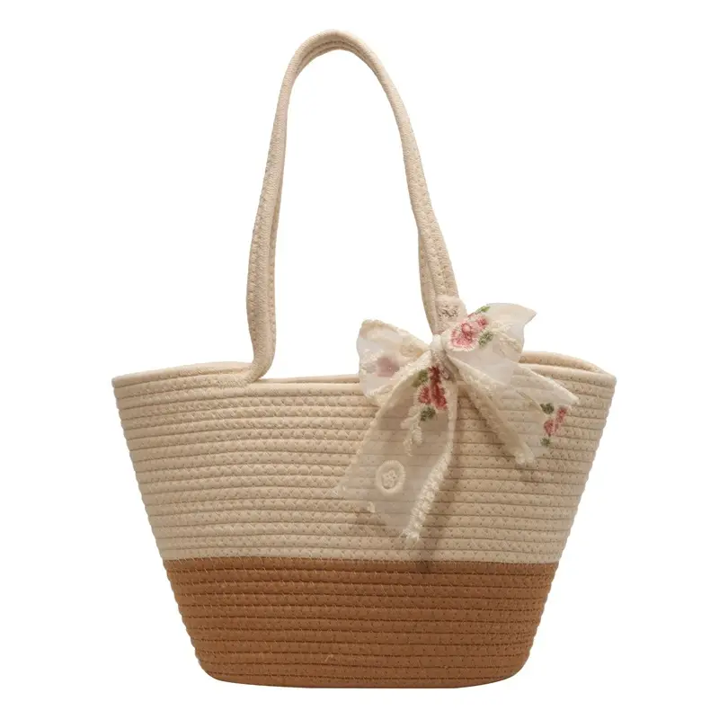 Women's Straw Bow Tote Bag Beige Brown - Image 7
