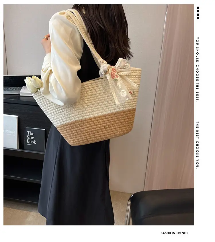 Women's Straw Bow Tote Bag Beige Brown — feature 1