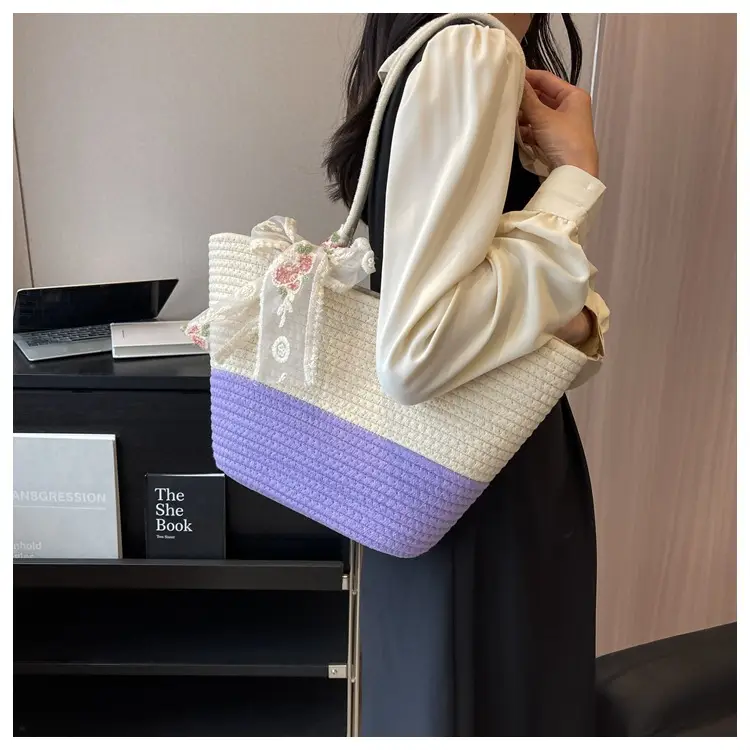 Women's Straw Bow Tote Bag Beige Brown — feature 11