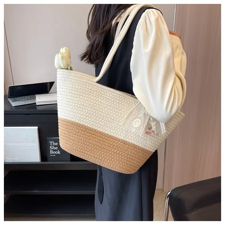 Women's Straw Bow Tote Bag Beige Brown — feature 13