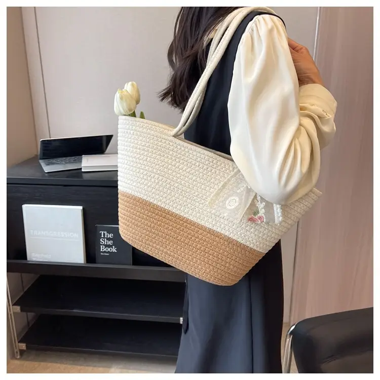 Women's Straw Bow Tote Bag Beige Brown — feature 14