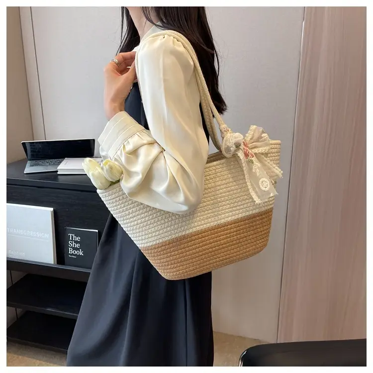 Women's Straw Bow Tote Bag Beige Brown — feature 15