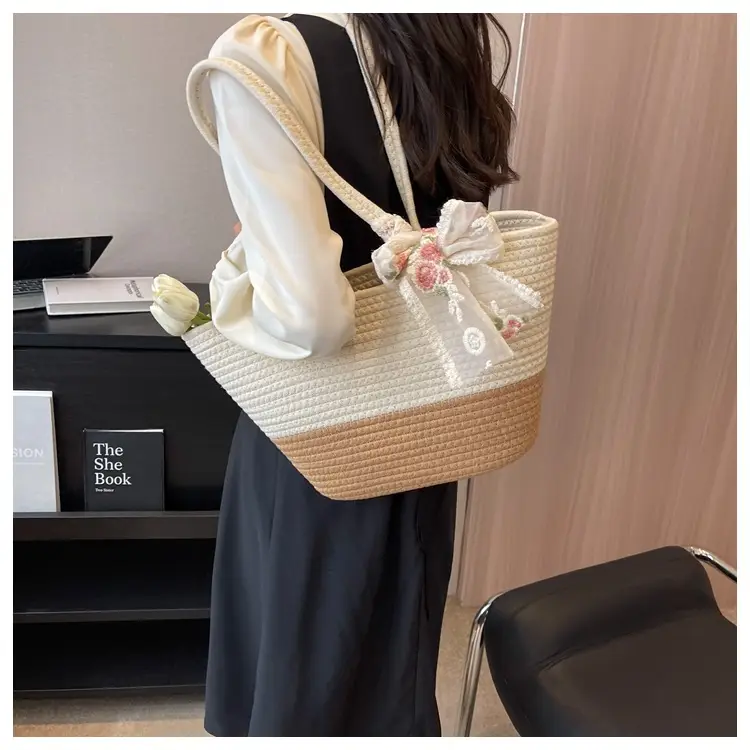 Women's Straw Bow Tote Bag Beige Brown — feature 16
