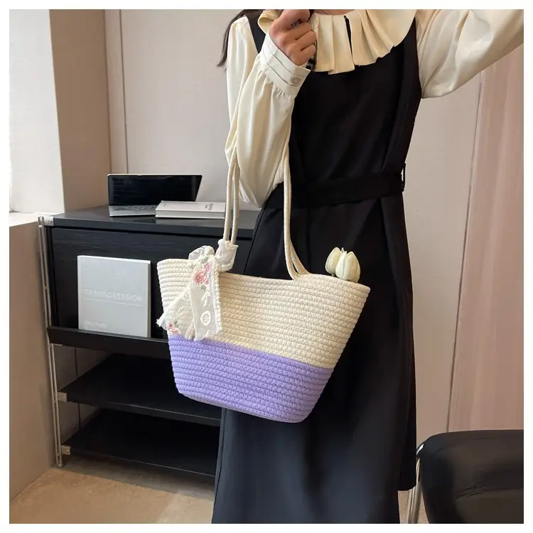 Women's Straw Bow Tote Bag Beige Brown — feature 21