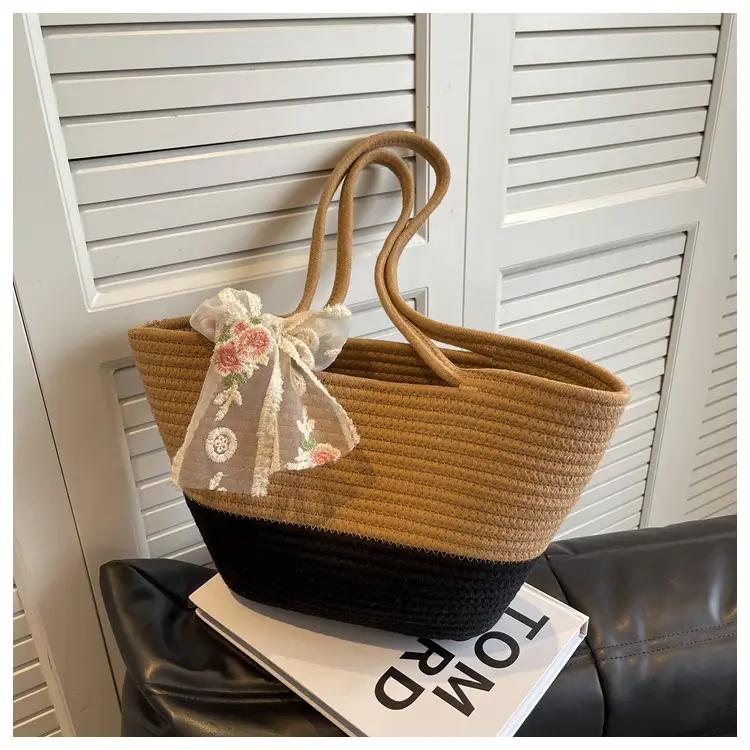 Women's Straw Bow Tote Bag Beige Brown — feature 23