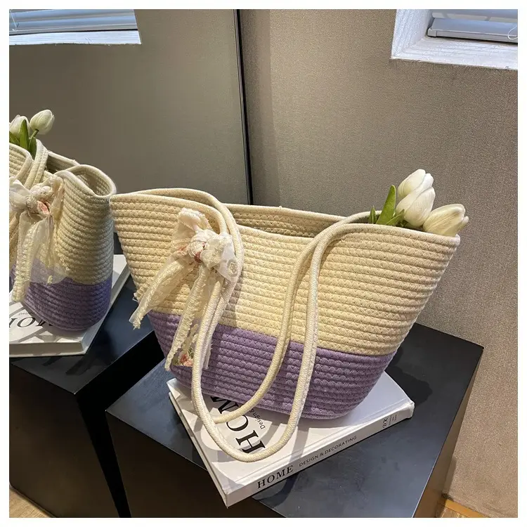 Women's Straw Bow Tote Bag Beige Brown — feature 27